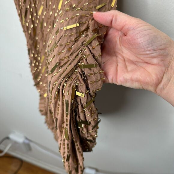 Haute Hippie Chocolate Brown Tank Mini Dress Side Ruche Gold & Beaded Adornment - Picture 3 of 14